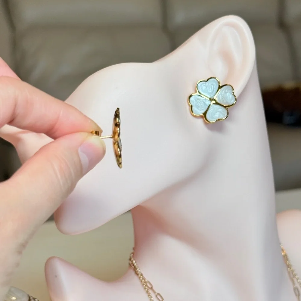 Gold and White Flower Earrings